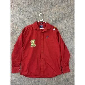LRG Woven Red Button Up Shirt Size XL Y2K Lifted Research Group Lion Patches